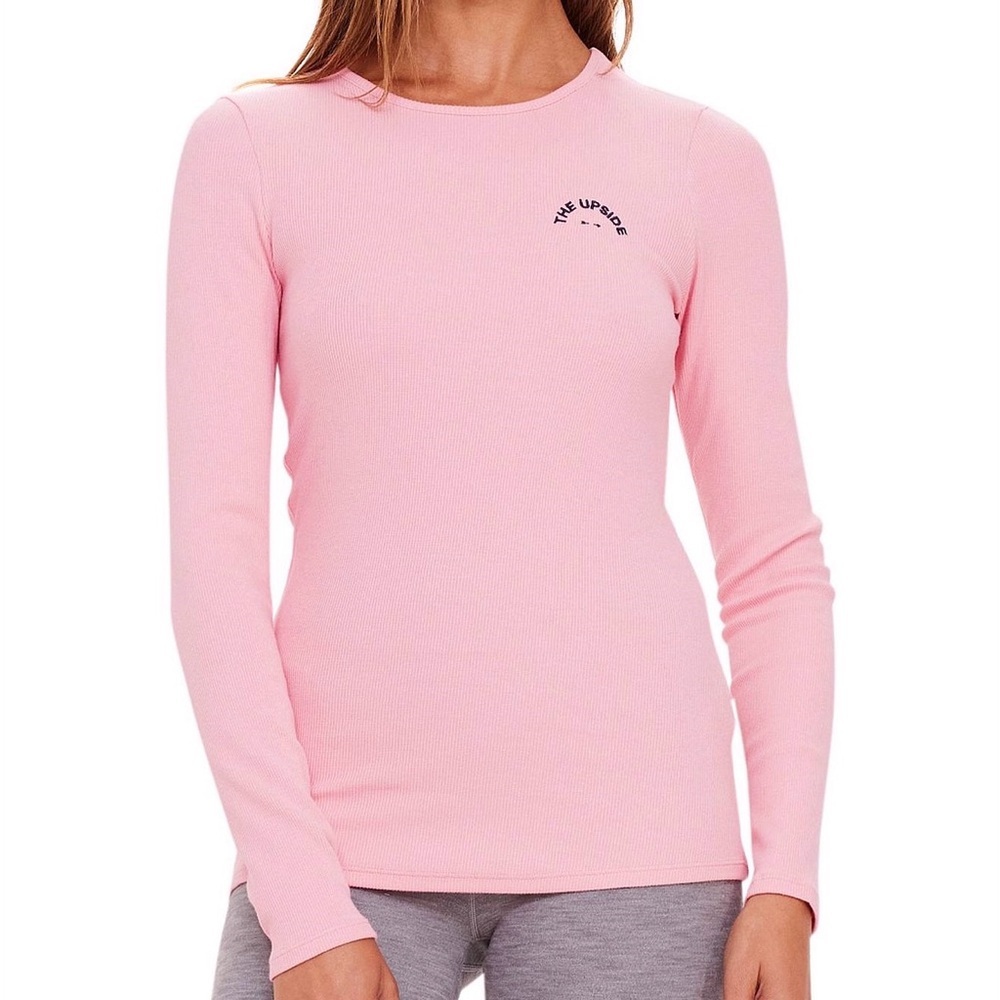 NEW The Upside Chrissy Ribbed Long Sleeve Thermal Top in Pink Embroidered Logo
